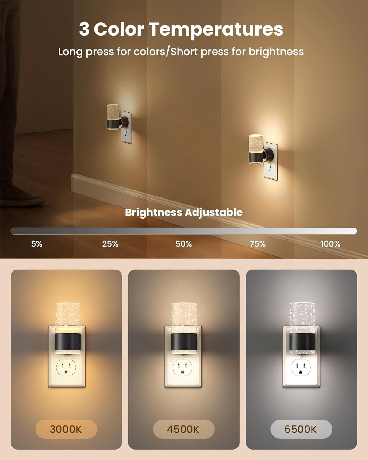 LED Night Lights Plug into Wall, Dimmable Night Light 3 CCT & 5 Brightness Levels,  Bubble Nightlight with Dusk to  Sensor for Hallway, Bathroom, Stair,  Black 4 Pack