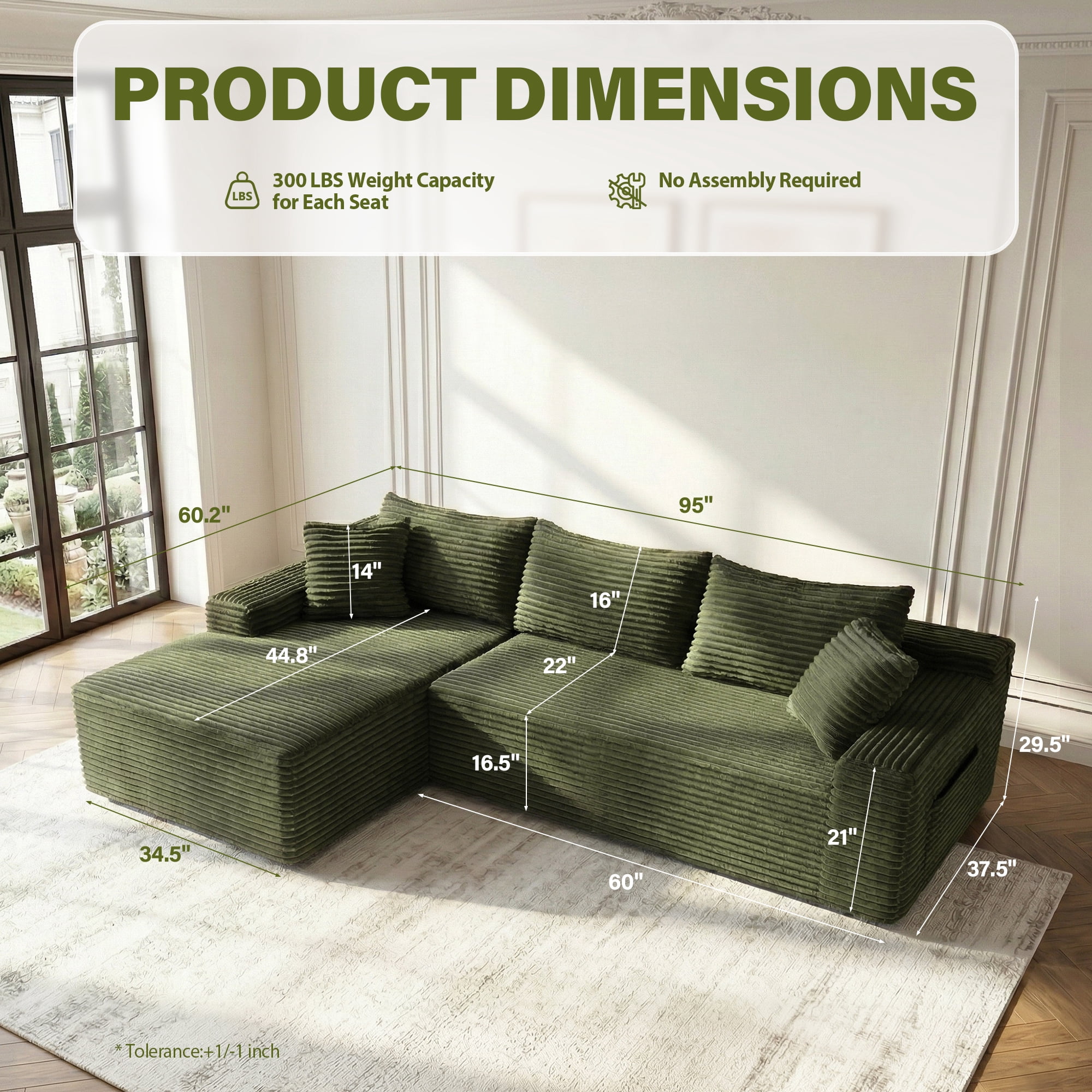 Aukfa 96" L-Shaped Cloud Sectional Sofa, Modular Boneless Couch with Deep Seat&Left-Facing Chaise for Living Room, Corduroy, Green