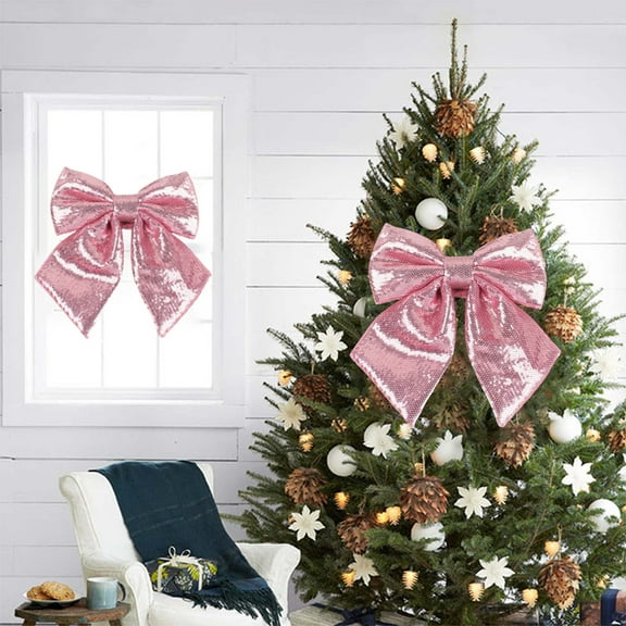 Kezqiaxn Christmas Tree Decorations, Christmas Bows Outdoor Decorations, Velvet Wreath Bow with Glitter for Xmas Tree Topper Home Front Door Decor Pink