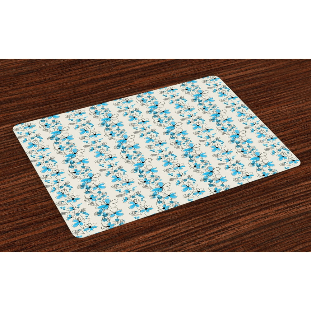 Grey and Blue Placemats Set of 4 Childish Drawing of a Field with Blue