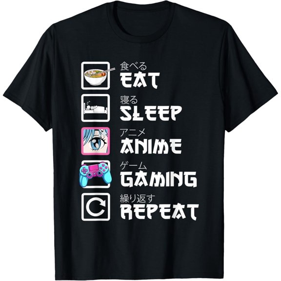 t-shirt Eat Sleep Anime Gaming Repeat Japan Kawaii Otaku Anime Manga T-Shirt mens,black,women,funny,journey,Crew Neck, Short Sleeve,custom clothing patterns.