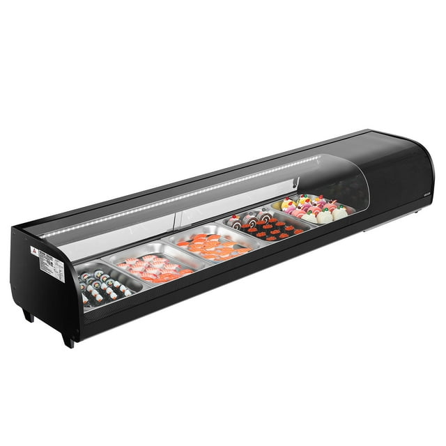 VEVOR Sushi Display Case Refrigerator, 2.9 Cu.ft commercial sushi case with curved tempered glass, LED lighting, and digital temperature control. Includes five stainless steel pans for sushi, sashimi, cheese, and desserts. Ideal for sushi bars, restaurants, and stores, enhancing food preservation and visual appeal.