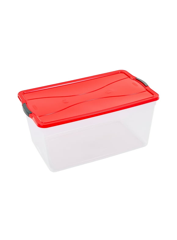 Open Box Rubbermaid Cleverstore 18Gal Plastic Holiday Storage Tote, Clear & Red