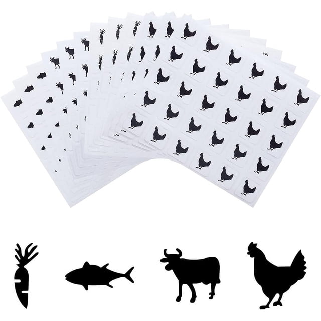 juego de pegatinas de comida negras de 0,4 pulgadas, pegatinas de elección de comida, pegatinas de cocina, pegatinas indicadoras de comida de boda de zanahoria/pollo/vaca/pescado, pegatinas de comida