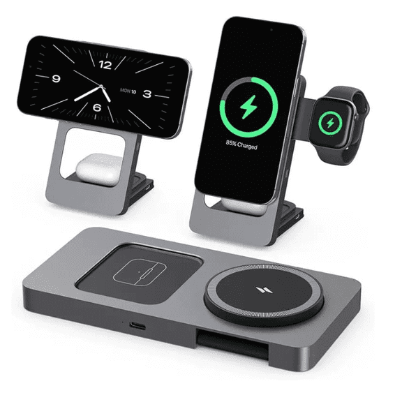 3 in 1 Wireless Charging Station, 15W Fast Charger Stand for Apple Watch and AirPods (Gray)