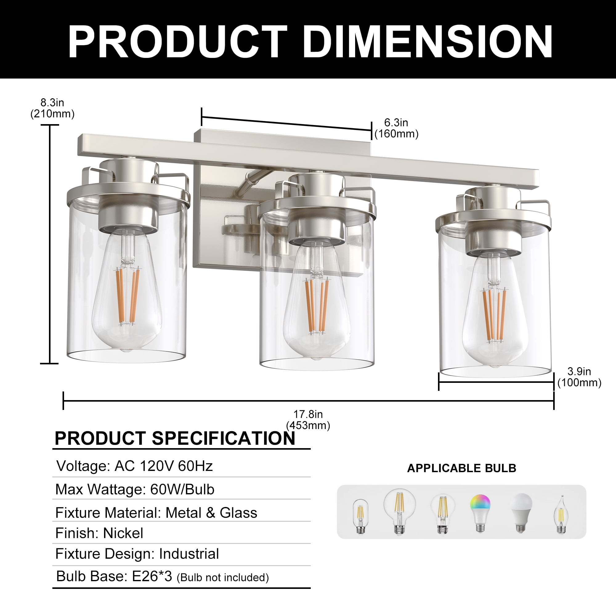 YANSUN 17.8 in 3-Light Industrial Bathroom Vanity Light Fixture with Clear Glass Shades, Brushed Nickel Wall Light for Bathroom Vanity Table, E26 Base