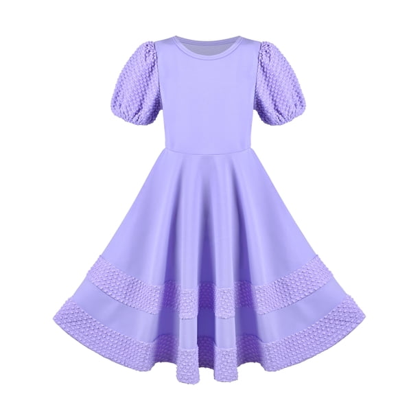 Vestido de Niña Morado Sólido Línea A Retro Manga Abullonada Boda Primavera Verano 5 Años