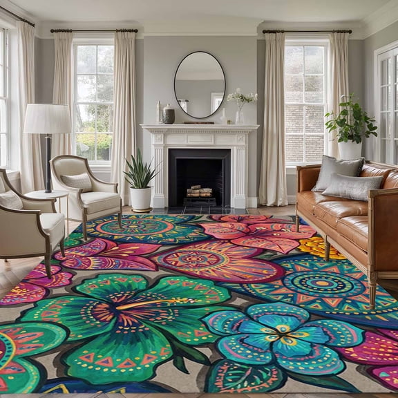 Colorful Abstract Floral Area Rugs 6'x9', Washable Small Throw Rugs for Kitchen Dining room, Farmhouse Vintage Flowers Boho Indoor Outdoor Rug Non-Slip Low Pile Carpet Runner Reversible Floor Mats