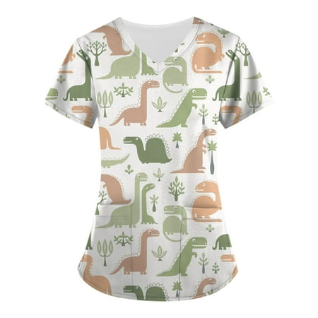

ZXHACSJ Women s Print Short Sleeve V-neck Carer Top Nurse Uniforms Woman Tops Beauty Salon Working Uniform Cartoon Print Workwear Orange XXXXXL