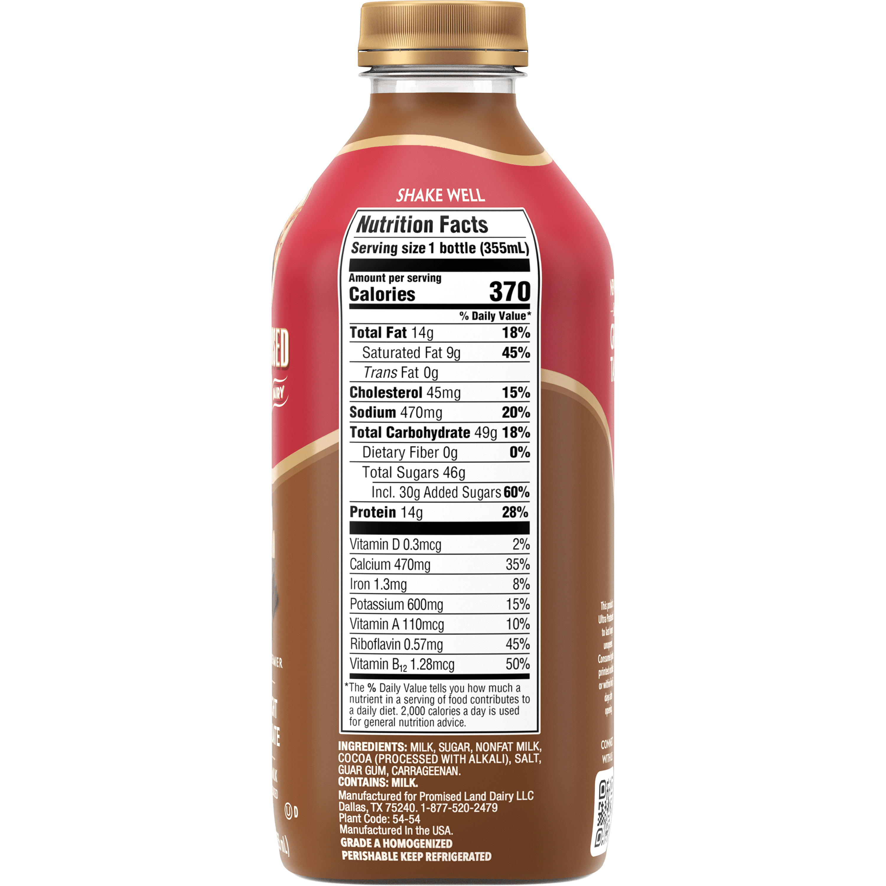 Promised Land Whole Milk Ultra-Pasteurized, Midnight Chocolate, 12 fl oz