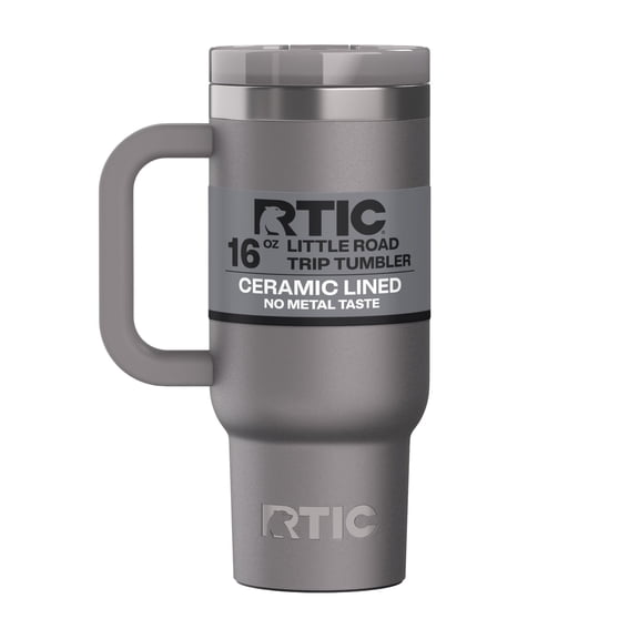RTIC 16 oz Ceramic Lined Road Trip Tumbler, Leak-Proof Covered Straw Lid, Graphite