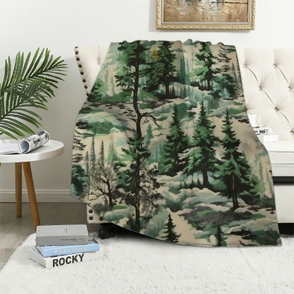 ONETECH Indigo Hill Joshua Sherpa Throw Blankets, Forest Pine Trees Nature Woodland Mountain Print Western Blanket for Camping Outdoor, Cabin Lodge Rustic Sherpa Blanket,