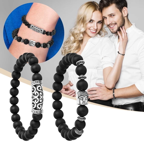 SIfdSeng 2Pcs/Set Buddha Beads Bracelet for Women Men Black Lava Tiger Eyes Stone Bracelets Charm Bangles Buddhism Stretch Bracelets for Women Bracelet Stack Cuff Bracelets for Women
