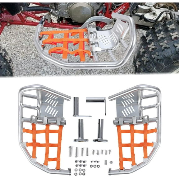 Kojem Nerf Bars Foot Peg with Webbing Compatible with Left Right Honda TRX 450R 450ER (Silver Nerf   Orange Nets) 2004 2005 06-14