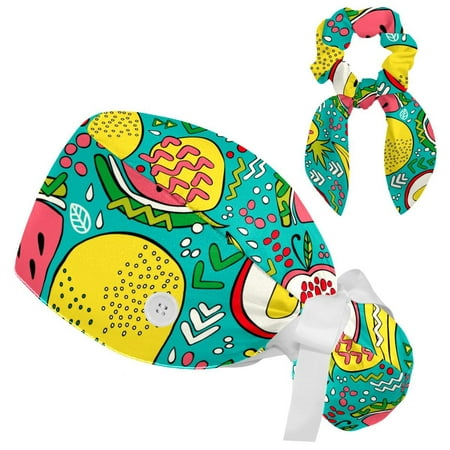 

Working Cap with Buttons and Sweatband Scrub Hat Bouffant Caps with Scrunchie Summer Fruits Green Tie Back Hats