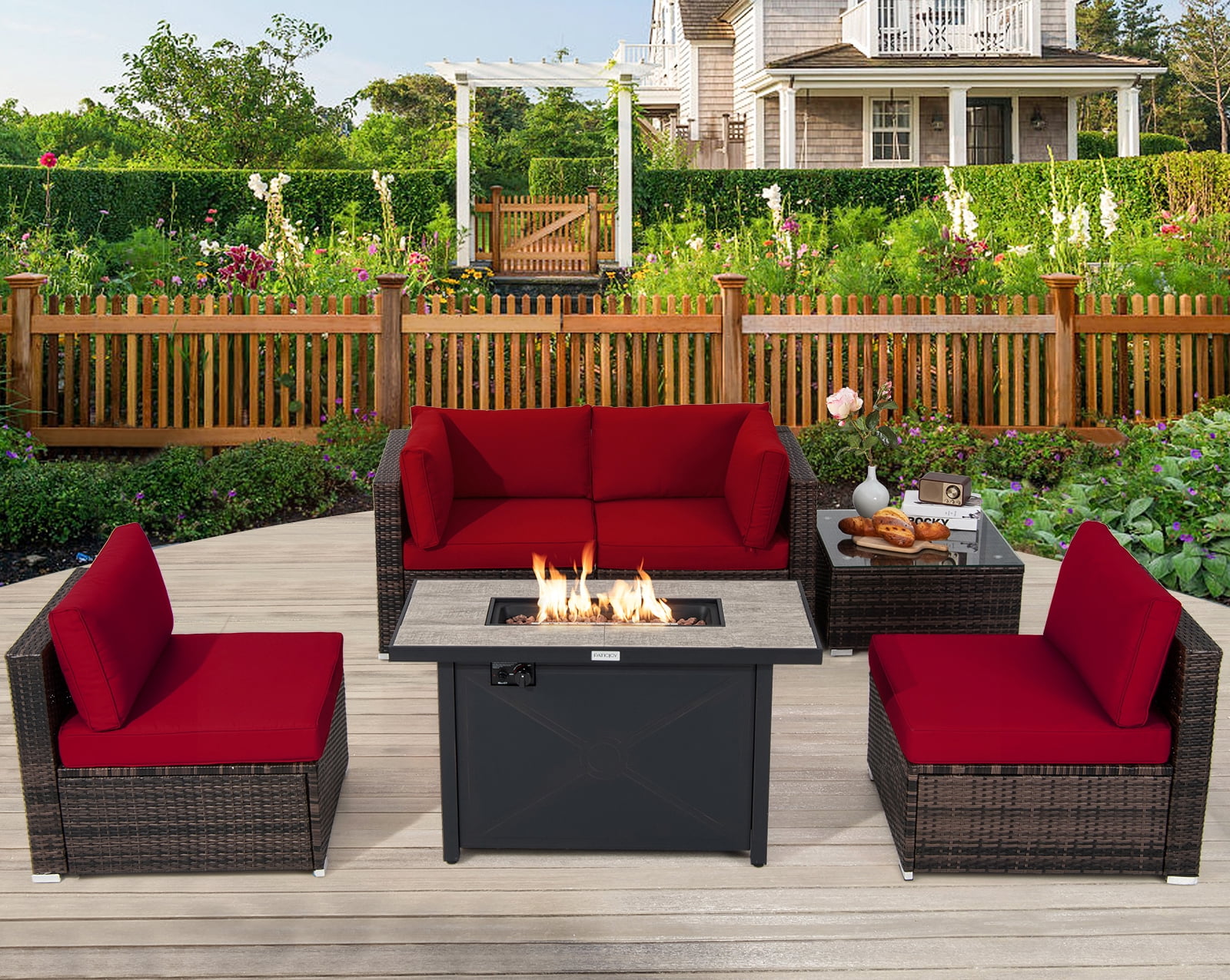 Costway 6PCS Patio Furniture Set Rattan Cushioned Sofa Gas Fire Pit Table Red