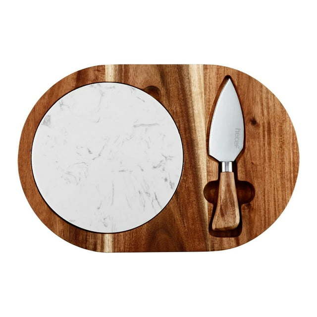 Hecef Tabla de Quesos de Madera Natural, Tabla Ovalada para Embutidos con Cuchillo, Tabla de Mármol Desmontable