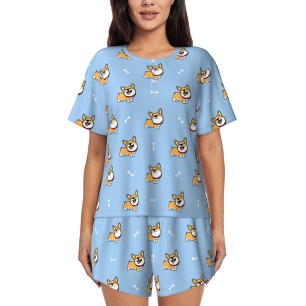 Fotbe Corgi Dog Conjunto de Pijama Estampado para Mujer, 2 Piezas, Ropa de Dormir con Camiseta de Manga Corta y Shorts Suaves-Medium