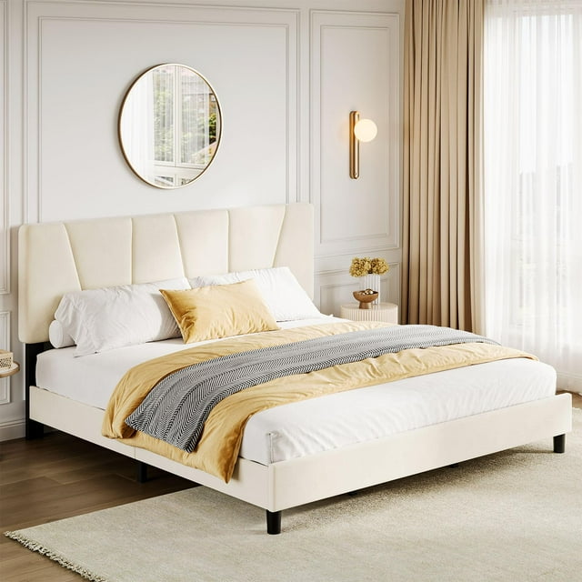 Yeshouse Marco de cama con cabecera ajustable, moderno marco de cama doble tapizado en lino con plataforma y soporte de listones de madera, no necesita somier