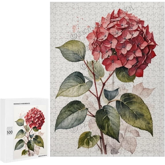 500 Piece Jigsaw Puzzles for Adults - Wood Puzzles - Watercolor Red Hydrangea Premium 500 Piece Jigsaw Puzzle for Adults (30"x20")