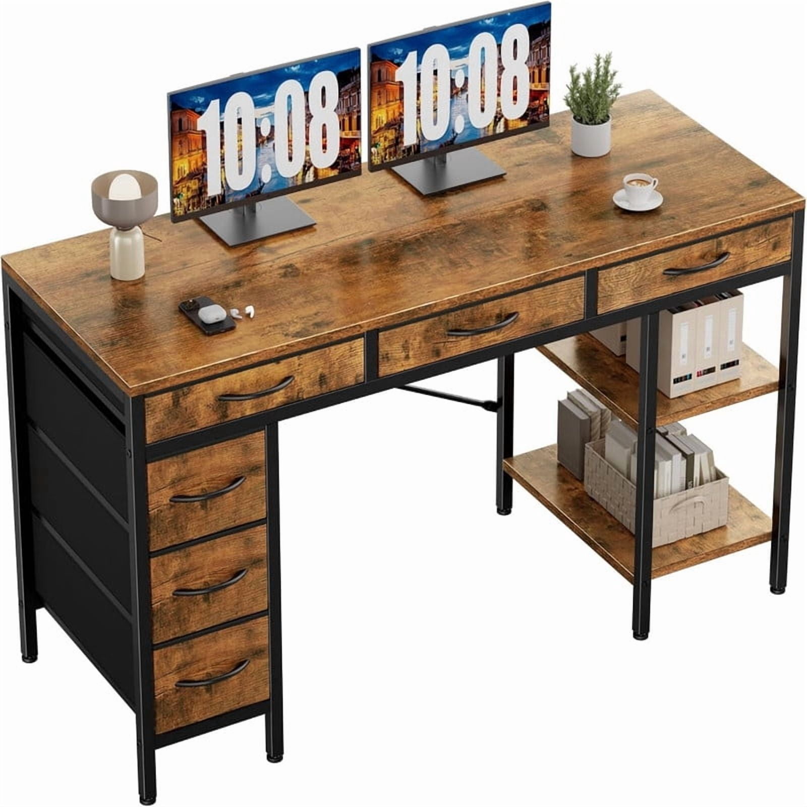 Kelno 55 Inch Computer Desk with 6 Fabric Drawer Storage Shelf Gaming Writing Table, Rustic Brown