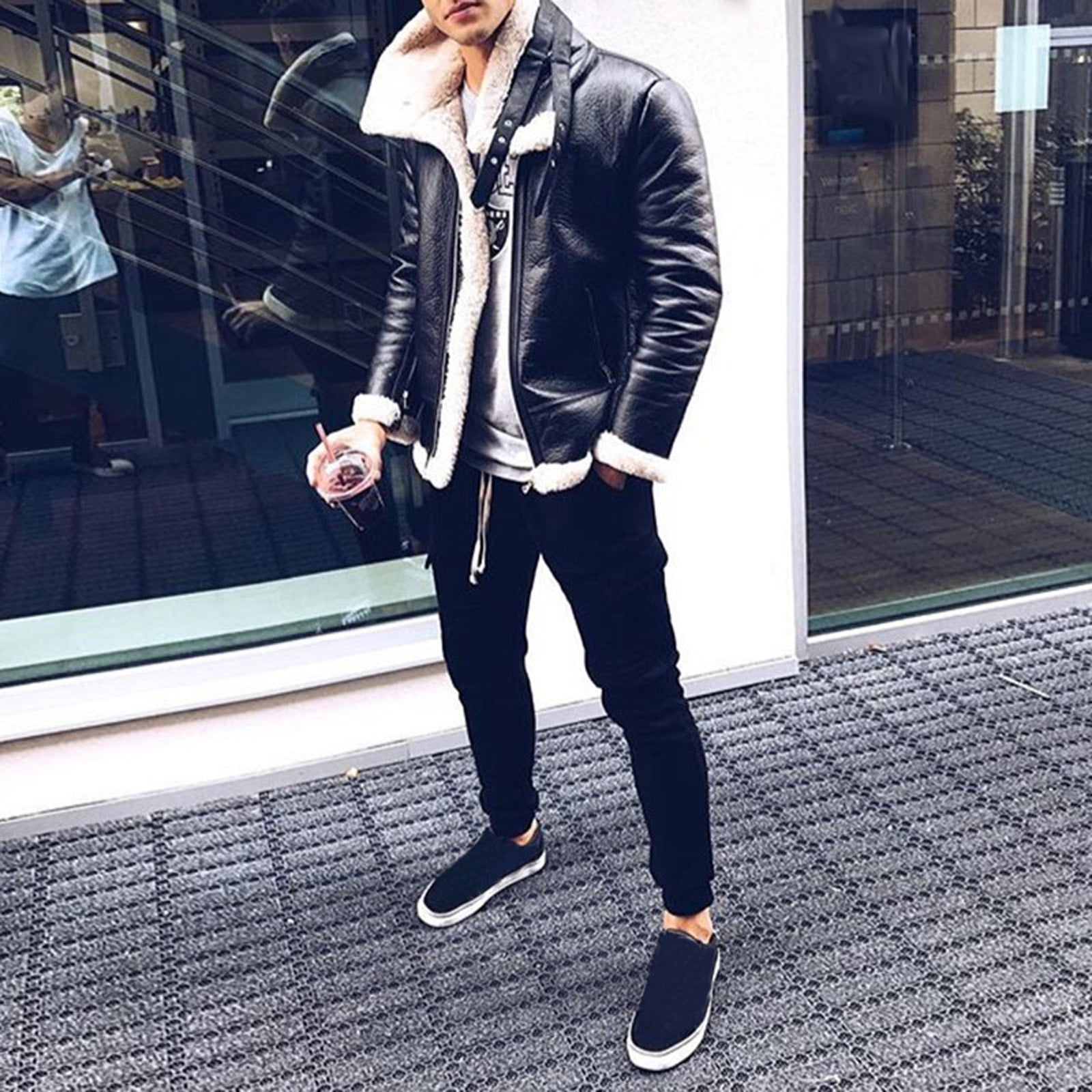 Rbaofujie Deals Clearance Men Tops Leather Jacket Winter Plus Velvet Lining Warm Coat Male Zipper Outwear Top Black