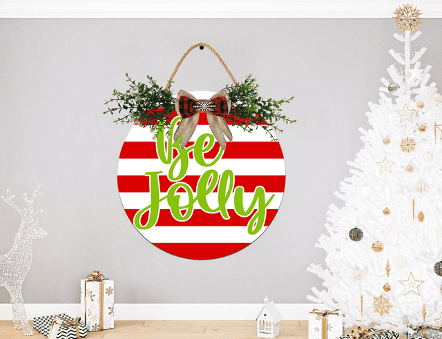 Eveokoki Be Jolly Door Hanging Sign 11 inch Wooden Wall Sign, Rustic Holiday Wreath Decor for Front Door Porch Home Window Wall Farmhouse Decorations