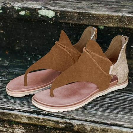 

〖Yilirongyumm〗 Brown 36 Sandals Women Summer Clip-Toe Shoes Zipper Comfy Sandals Flats Lady Casual Beach Sandals