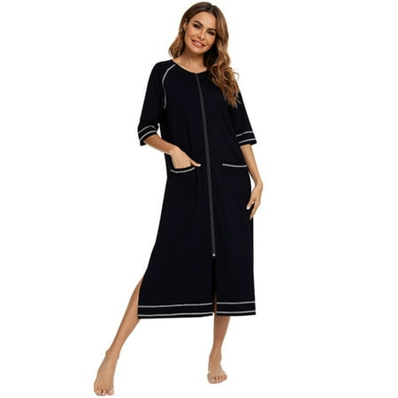 

Zipper Front Robes Women House Coat Sleepwear 3/4 Sleeve Loungewear Round Neck Long Nightgown Plus Size Casual Night Gown Solid House Dress with Pockets S-2XL