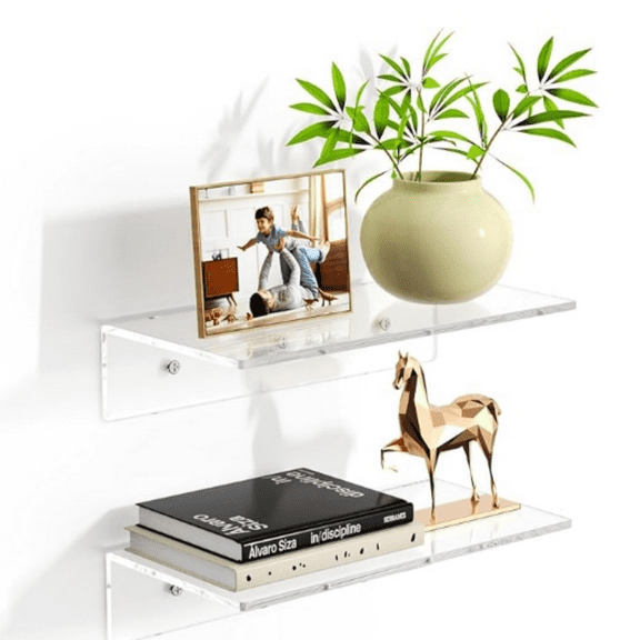 2 PCS 12" Acrylic Floating Shelves, Clear Wall Display Shelves for Lego, Plant, Perfume, Book in Bedroom Living Room Office, 5mm Thick Wall-Mounted Acrylic Shelves for Wall