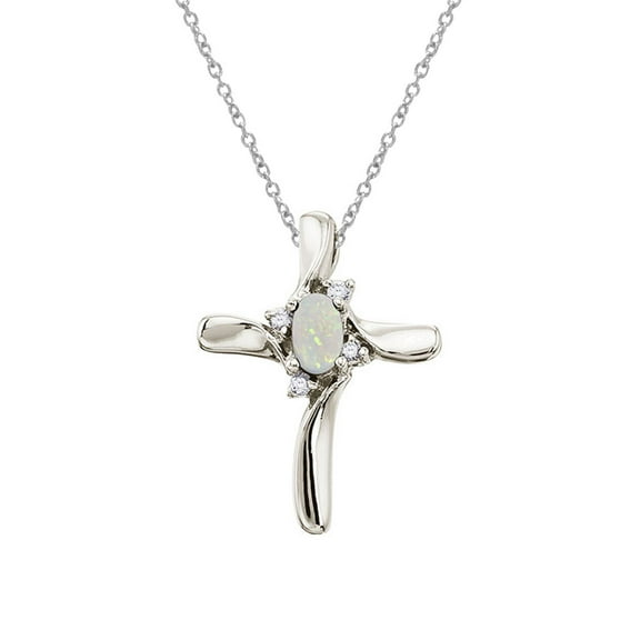 14K White Gold Opal and Diamond Cross Pendant with 18" Chain
