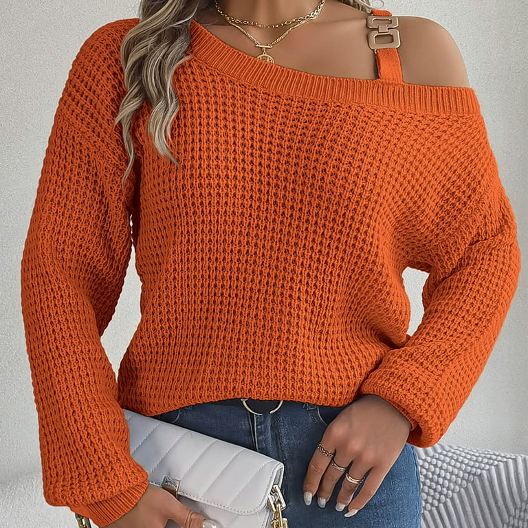 Aueoeo Long Sleeve Sweaters for Women, Women's Casual Off The Shoulder Long  Sleeve Knit Sweater Loose Fit Pullover Jumper Tops Blouse 