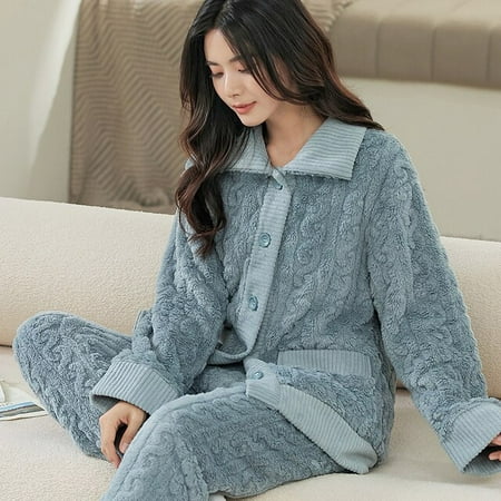 

CoCopeaunt Autumn Winter Warm Flannel Women Pyjamas Sets Thick Coral Velvet Long Sleeve Cartoon Sleepwear Thin Flannel Pajamas Set