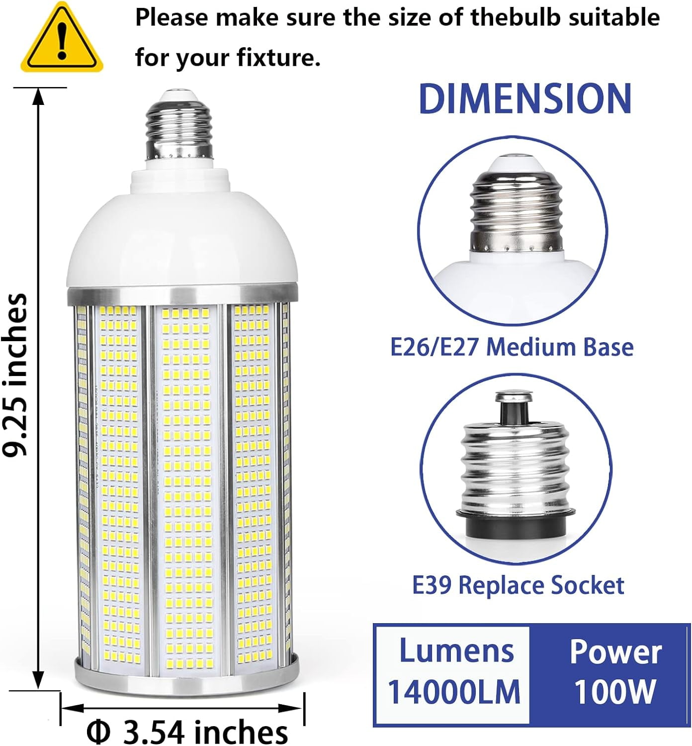 2-Pack 100W LED Corn Bulb, E26/E39 Mogul Base Lamp, 14000LM,5000K Daylight,AC85-265V, Replacement 350-400 Watt Metal Halide HID HPS CFL.