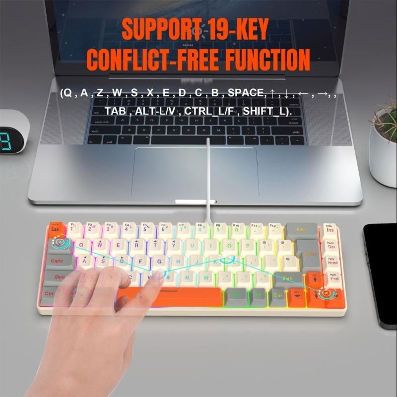 RGB Backlit Gaming Keyboard 68Keys, Ergonomic USB Wired Keyboard with Detachable USB Type C Cable for PC and IOS