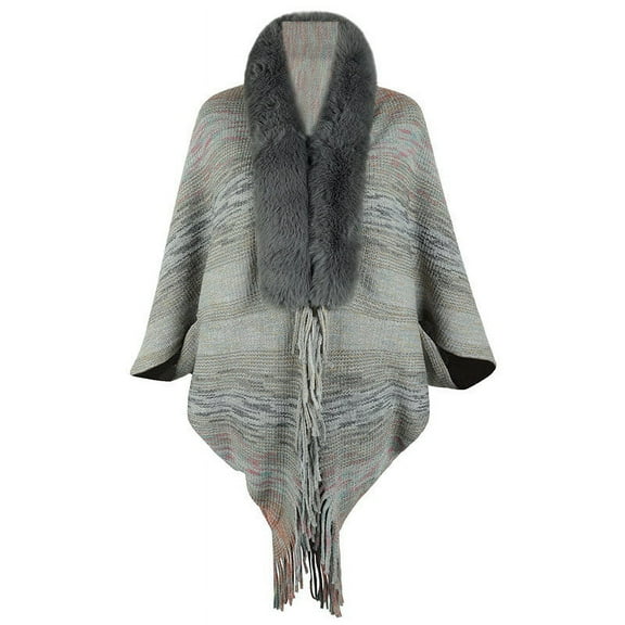 Hfyihgf Womens Knit Open Front Faux Fur Trim Layers Poncho Cape Cardigan Sweater Fringes Shawl Tops Gray One Size