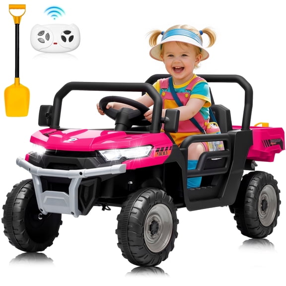 Joyracer 24 Volt Ride on Toys, Battery Powered Cars for Kids with Dump Bed, Remote, Music, Shovel, Bluetooth, Pink