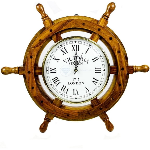 Wooden Ship Wheel Clock (White Roman Victoria Dial) - (36 inches)
