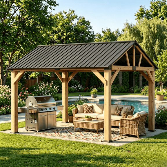 Clouddwell 10' x 12' Wood Gazebo with Hardtop Metal Roof, Outdoor Patio Gazebo for Backyard, Deck, Lawn & Poolside