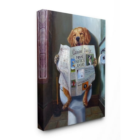 Paintings On The Wall The Stupell Home Decor Collection Dog Reading the Newspaper On Toilet Funny Painting Stretched Canvas Wall Art, 16 x 1.5 x 20 ()
