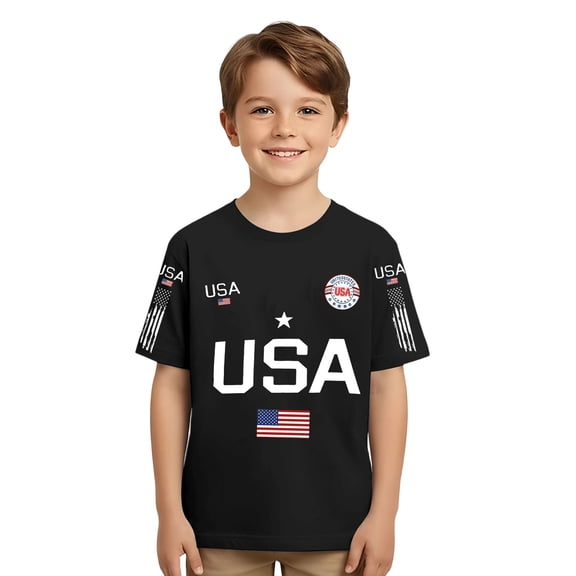 Ruiwill Independence Day Fourth Of July Boy Tshirts Usa Flag Print Short Sleeve Crew Neck Summer Patriotic Breathable Boys Tops Black Size 1-2 Years