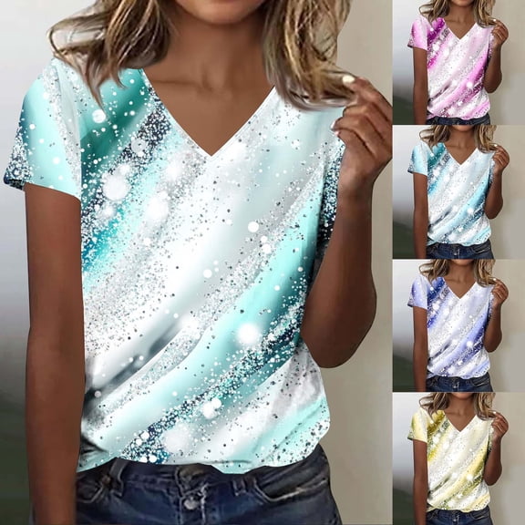 Jsaierl Tops for Women Short Sleeve Casual Vacation Shirts V Neck Workout Ladies Blouses Boho Print Tshirts Top S-2XL