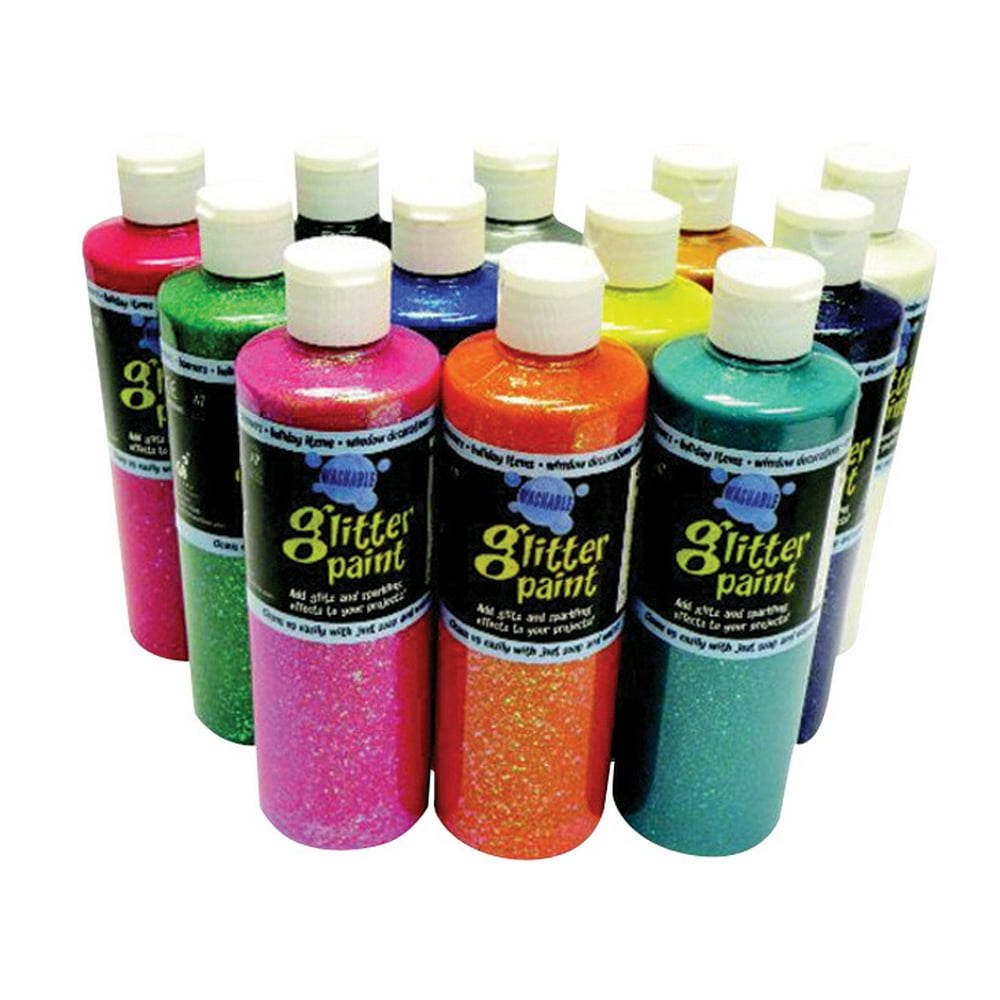 Chroma Washable Glitter Tempera Paint Set, 16 oz Bottle, Set of 12