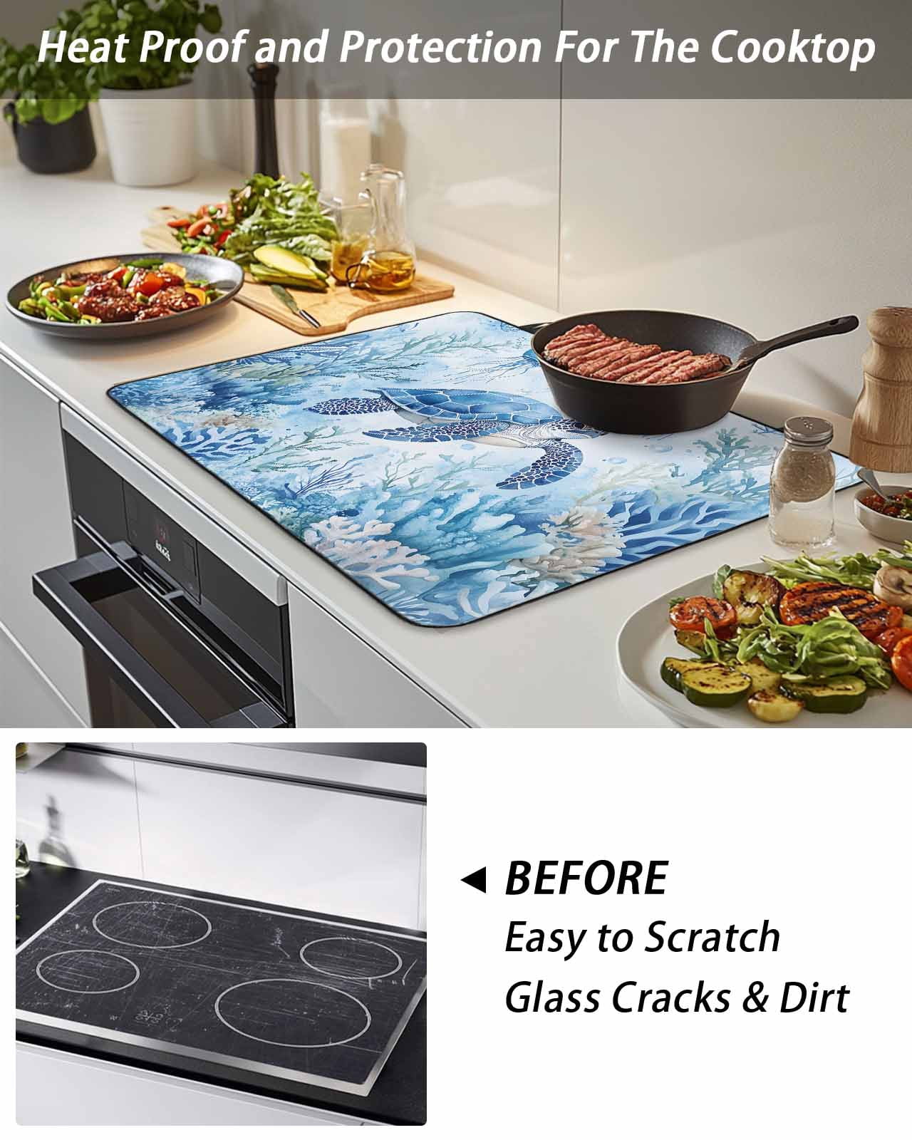 Stove Top Covers for Electric Stove, Sea Turtle Coastal Glass Stovetop Cover Protector, Blue Summer Beach Coral Jellyfish Induction Cooktop Protector Oven Mat for Kitchen Countertop 24"x21"