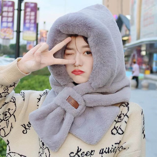 Women's Winter Solid Color Plus Velvet Hat Scarf Integrated Warm Cold Proof Neck Scarf Earmuffs