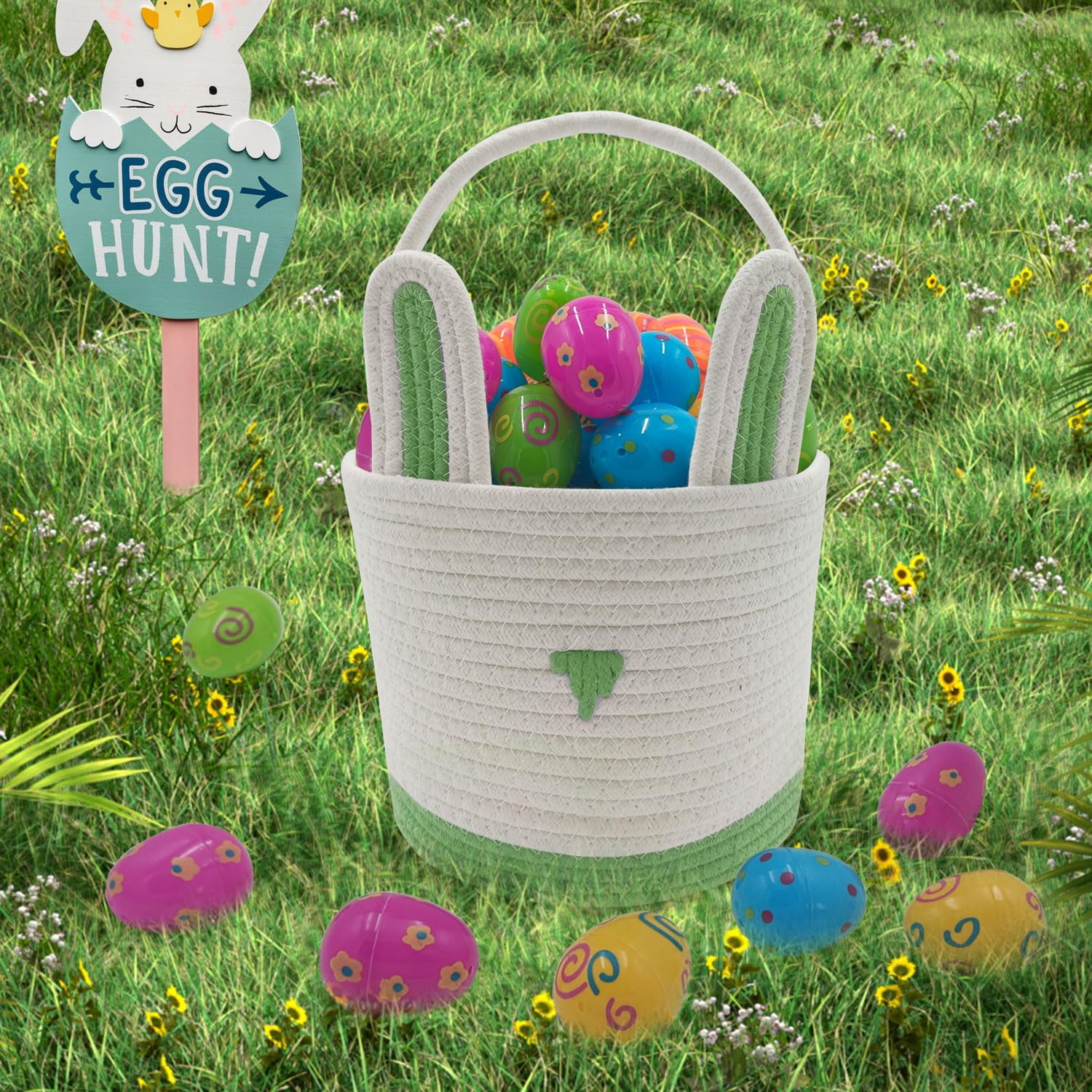 Large Woven Easter Baskets for Girls & Boys - Empty Basket with Gift Bags and Ribbons Cute Easter Decorations Bunny Ears Designs (Green)