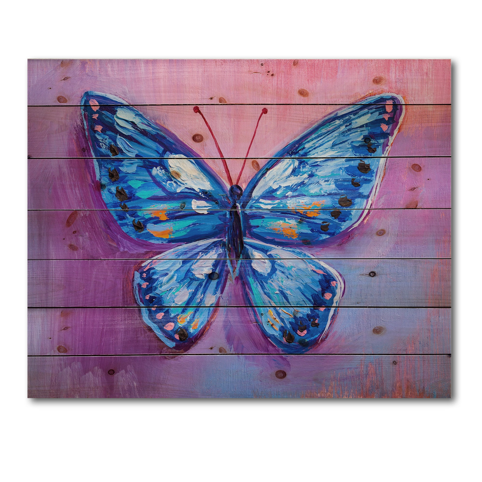 Designart 'Ancient Blue Butterfly I' Modern Print on Natural Pine Wood