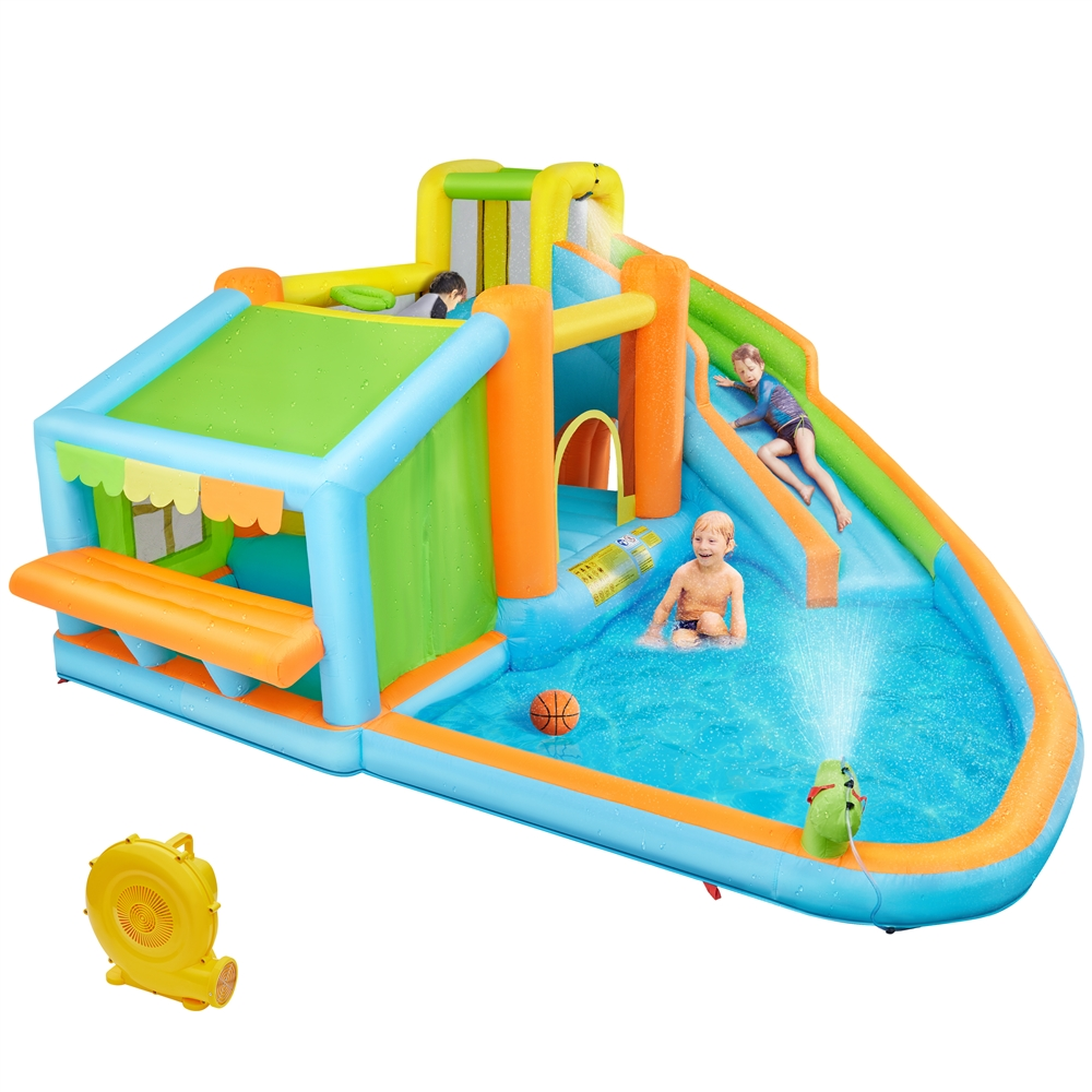 Yaheetech Inflatable Bounce House With Water Slide For Kids, Splash Pool & Water Cannon & Toy Market Stand & Bouncer Area & Climbing Wall & Slide & Basketball Hoop, Storage Bag & 520W Blower,Cyan