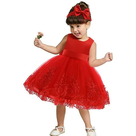 

Baby Girl Pageant Lace Dress Toddler Party Bowknot Tutu Gown Dress with Headwear