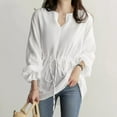 thumbnail image 2 of Women's Long Sleeve V Neck T-Shirt Solid Color Casual Drawstring Waist Top Comfortable Stretchy Blouse Fashion Tee, 2 of 2
